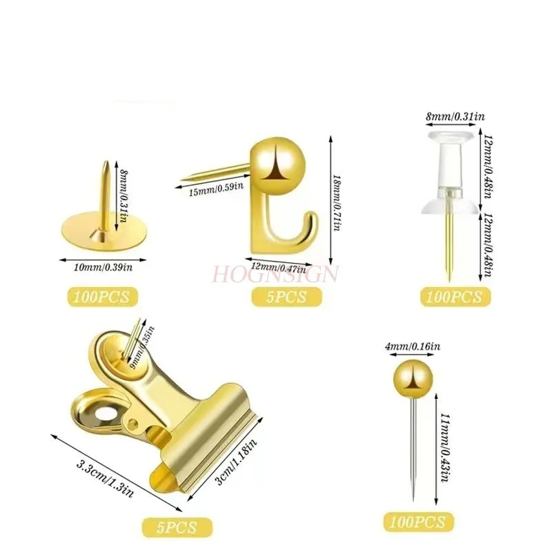 310pcs Golden color push pin set, map nail, metal long tail clip, nail clip, message board, press nail, I-shaped nail