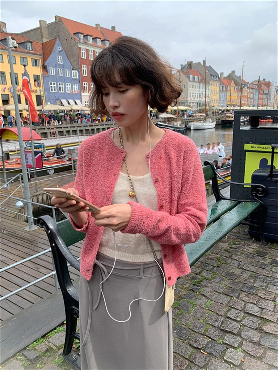 

Soft Long Sve ort Cardigan Button Open Sle Peach Pink Color Spring New Arrival Women's Knitted Wear Casual Sle Thin