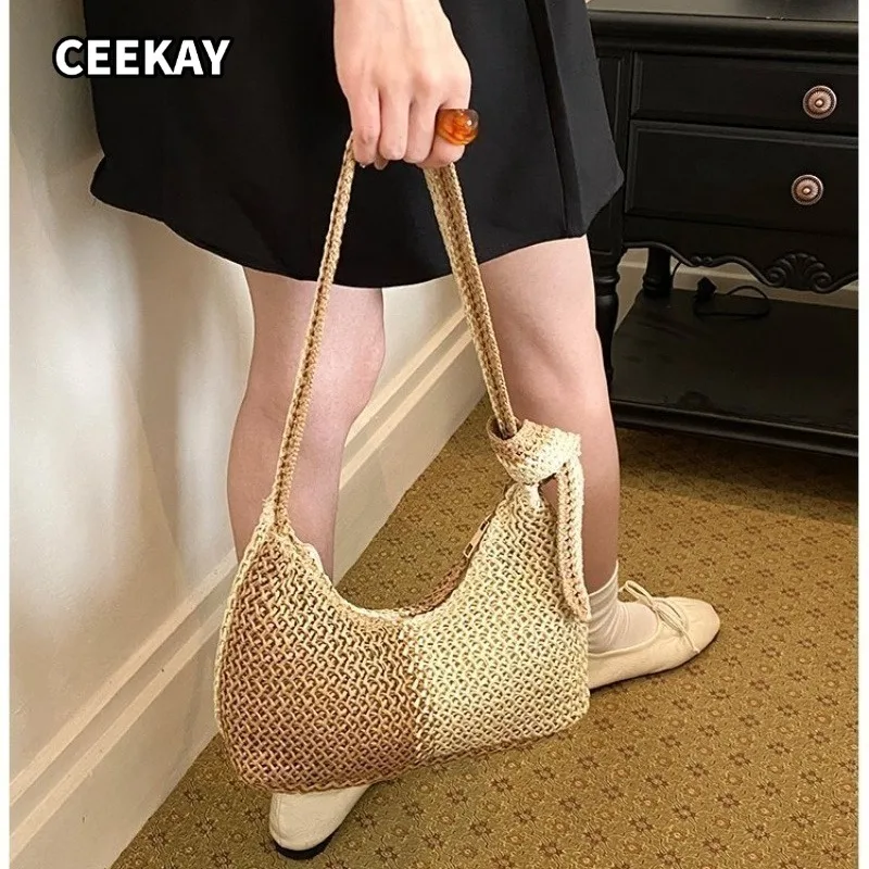 

CEEKAY Two Tone Hollow Straw Hobo Bag Shoulder Strap Soft Large Handbag for Weekend Holiday Outdoor Office Ladies Daily Use