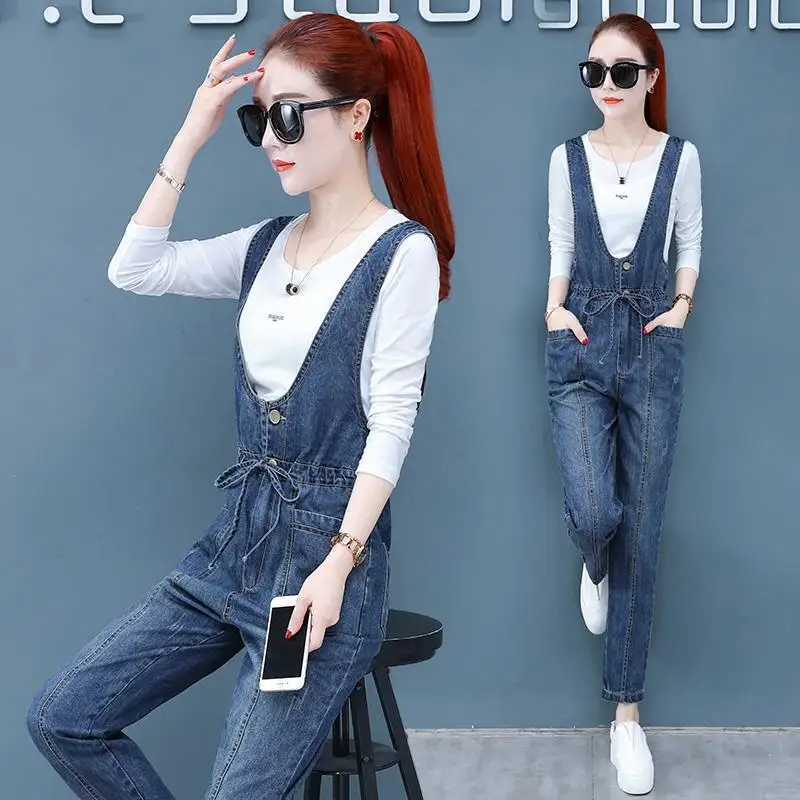 2024 Autumn  New Women's Pants Rompers Fashion Vintage Casual Temperament Sleeveless Straight Leg Denim Jumpsuit Female