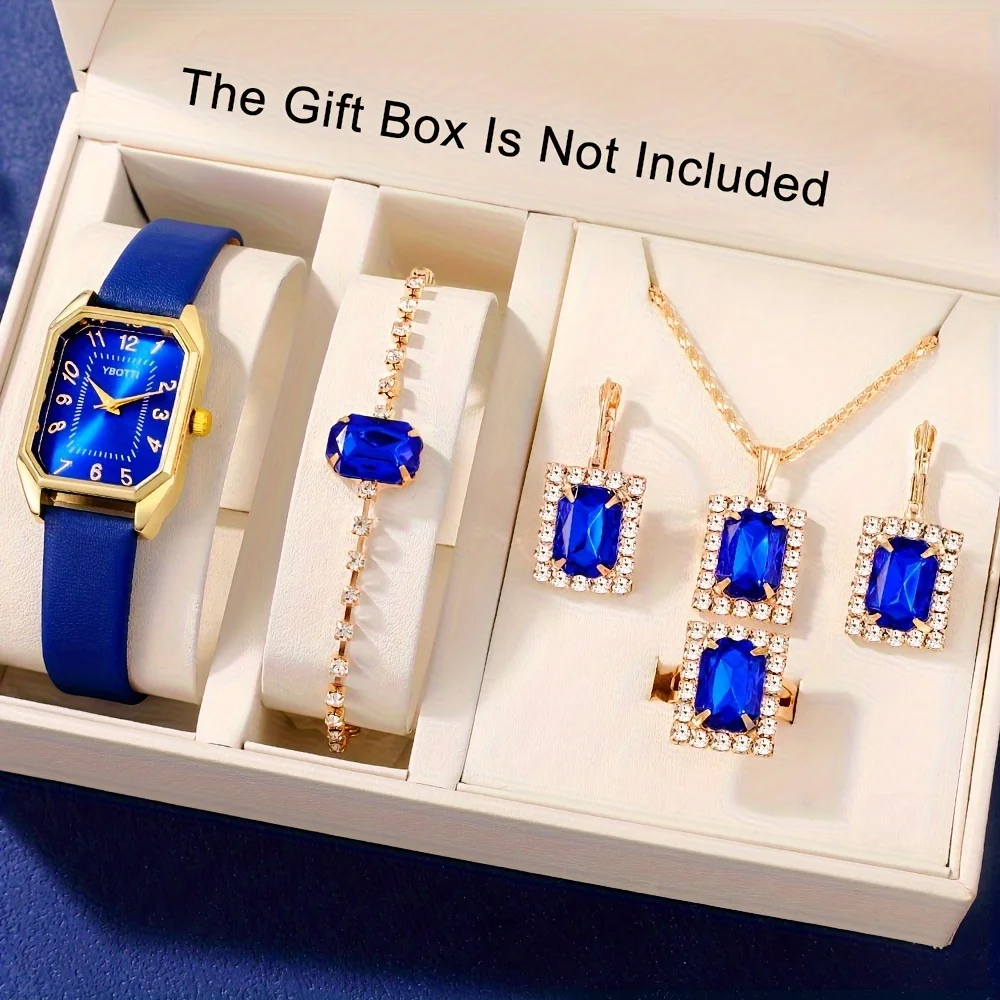 6pcs/set Women's Square Digital Quartz Watch+rhinestone Bracelet, Necklace, Earrings, Ring Set, Women's Watch (No Box)