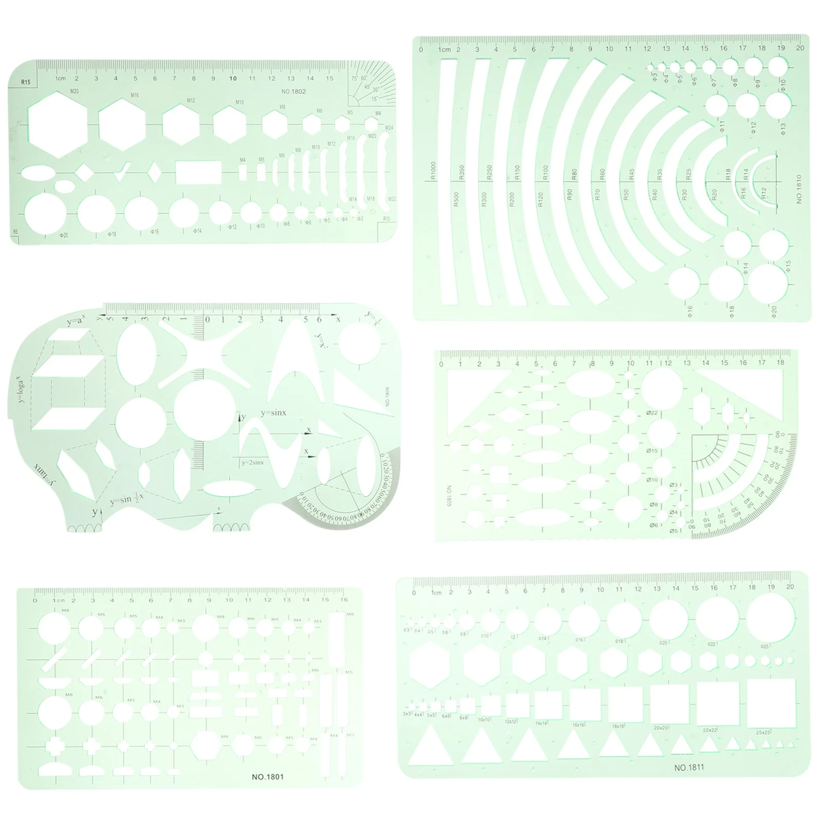 1 set geometrische tekening sjabloon set 6 vormen transparant groen plastic liniaal voor school kantoor kunst tekengereedschappen stencils
