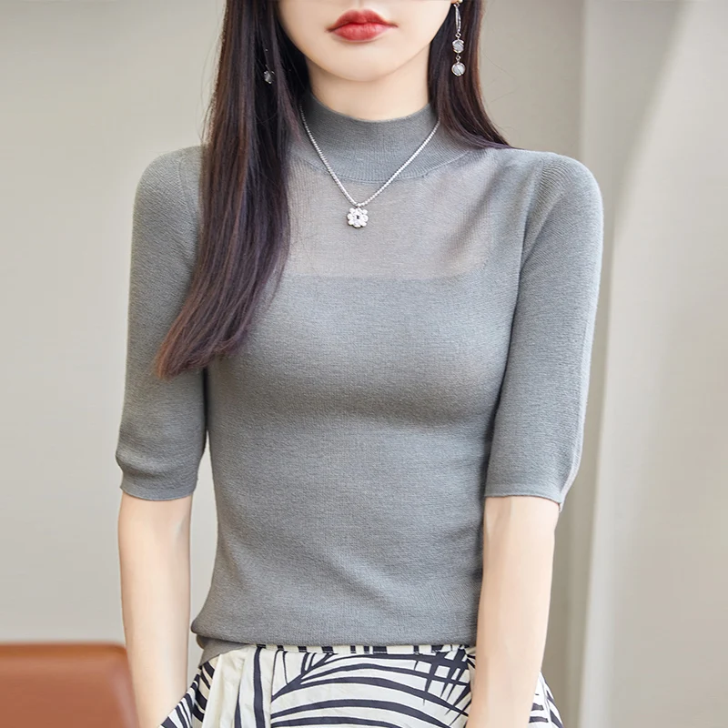 Hot Sale Superfine Wool Women\'s Sweaters And Pullovers 2024 Spring Female O-Neck Elastic Clothing Short Sleeve Soft Jumper Top