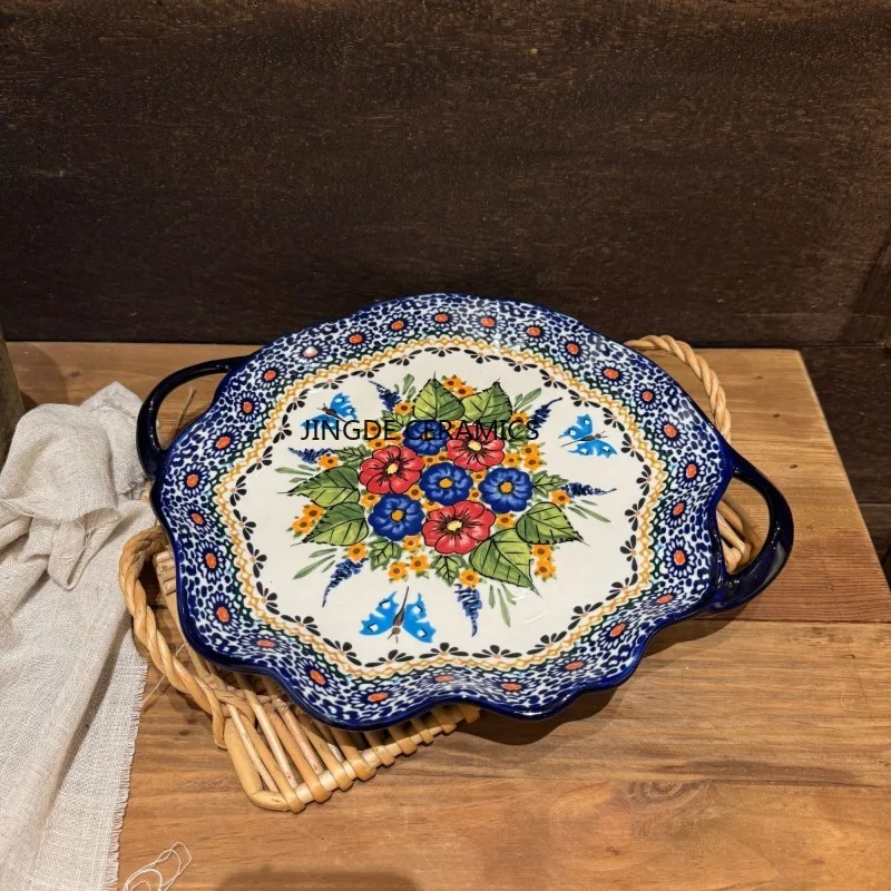 

Underglaze Colored Ceramic Flat Plate Hand Drawn Plates Afternoon Tea Double Ear Plate Restaurant Tableware Snack Storage Tray