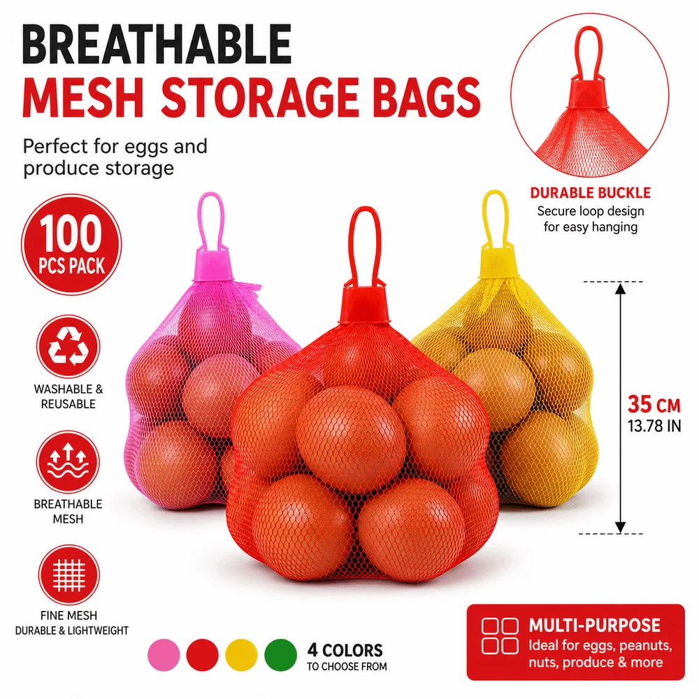 100Pcs Pack Egg Net Bag With Buckles Drawstring Closure Mesh Storage Bags Multi-Purpose Washable Egg Carrier Bag