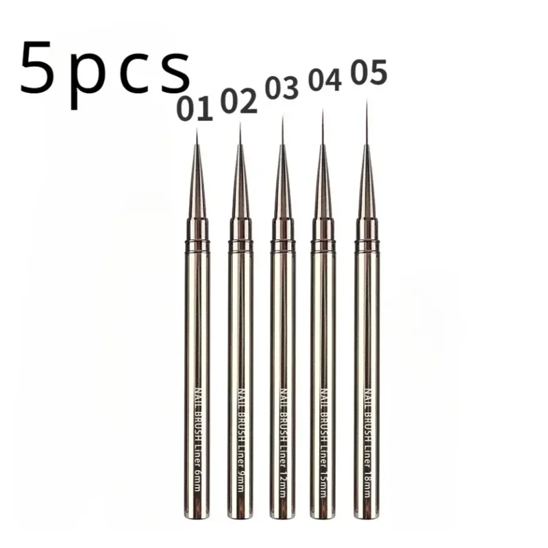 5 Teile/satz 6/9/12/15/18mm Nagel Liner Pinsel Set Zeichnung Linien streifen Malerei Blume Stift Nail art Maniküre Metall Griff Pinsel Set