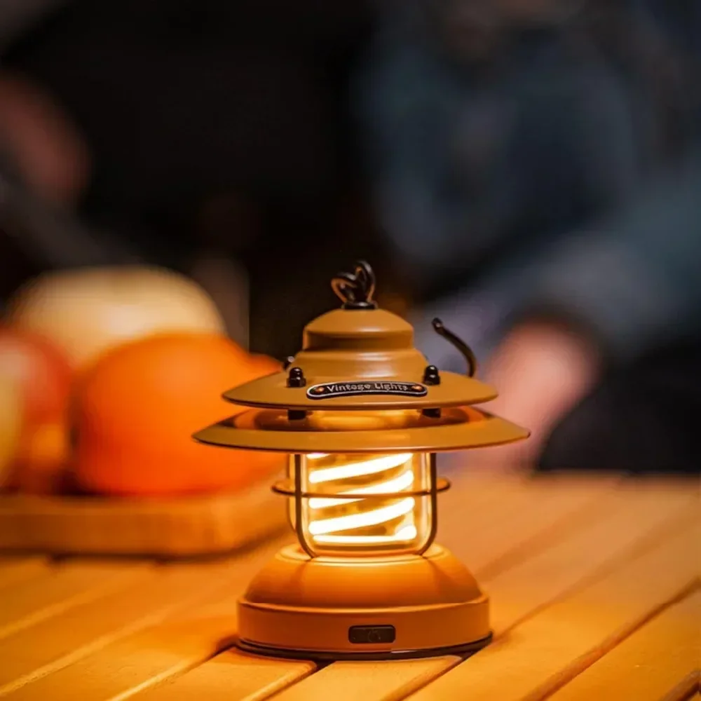 LED Camping Lantern,Mini Rechargeable Retro Warm Camp Light,Metal Vintage Portable Waterproof Hanging Lamp,Outdoor Tent Bulb