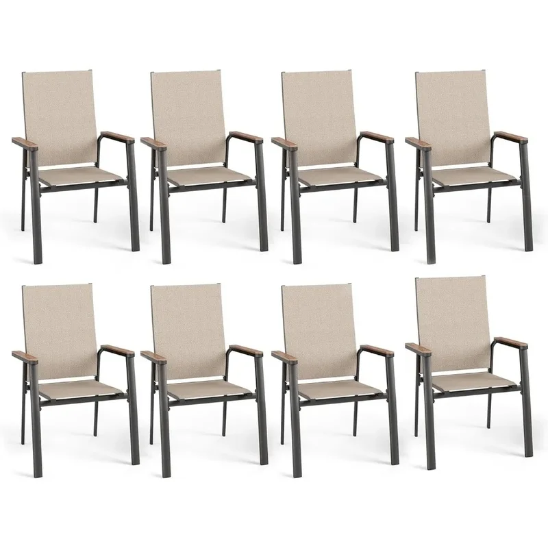 

Set of 8 Stackable Outdoor Dining Chairs, Beige, Lightweight Aluminum Frame with Textilene Fabric, Wider Armrests, Easy to