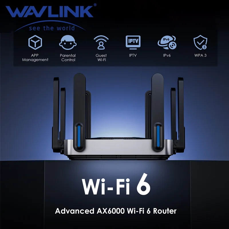 

Двухдиапазонный беспроводной маршрутизатор WAVLINK 6000 Мбит/с, 5 ГГц/2,4 ГГц, Wi-Fi 6, гигабитный маршрутизатор с 8 антеннами 5dBi, Beamforming, 2500 Мбит/с WAN/LAN