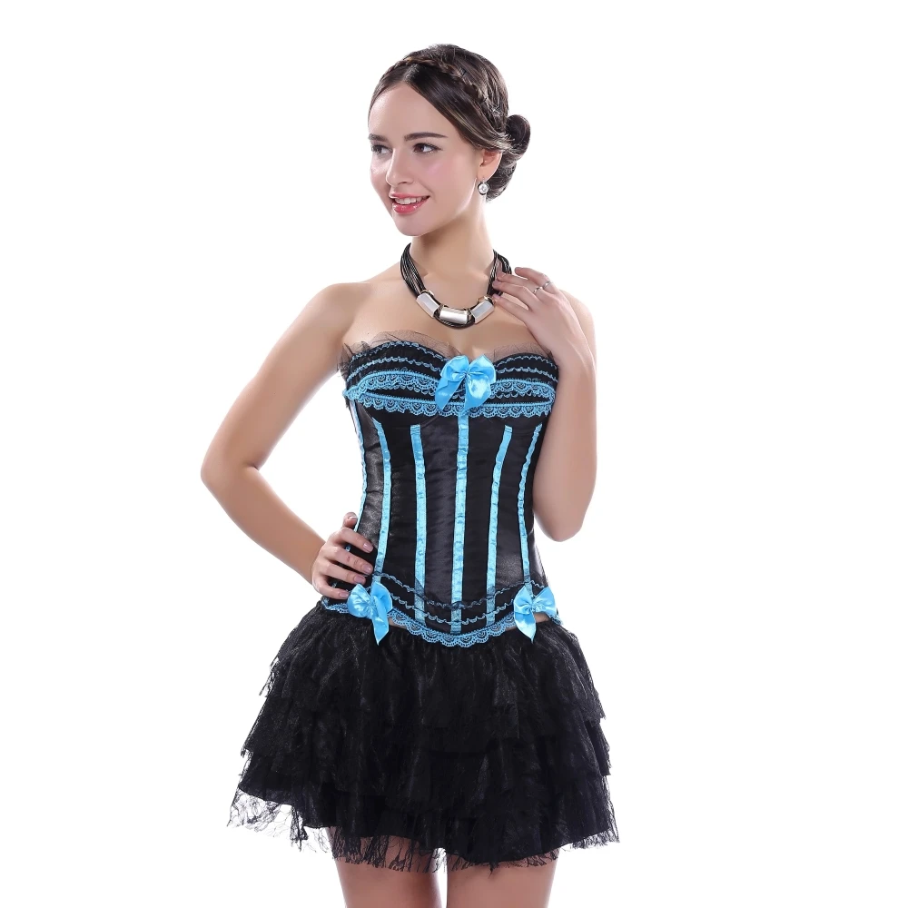 Victorian Sexy Satin Lace Bow Trim Overbust Corset Top Women Bustier Lingerie With Mini Pleated Skirt Set Plus Size S-6XL