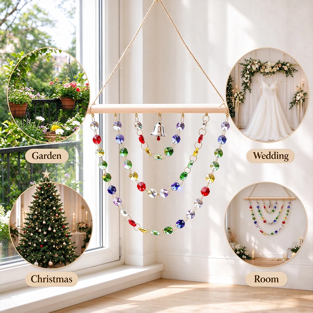 Wooden Stick Colorful Crystal Bead Suncatcher Rainbow Maker Bell Wind Chime Pendant Boho Home Room Garden Wedding Decor