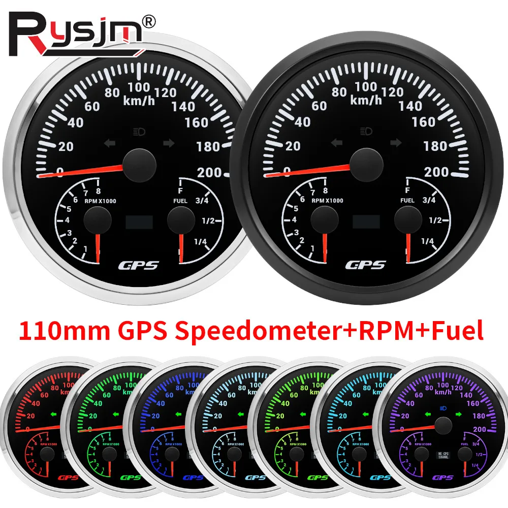 

7 Colors LED 110mm 3 in 1 Gauge 0~120kmh 200kmh GPS Speedometer with 0-8000RPM Tachometer Fuel Level Gauge for Car Boat 12v/24v