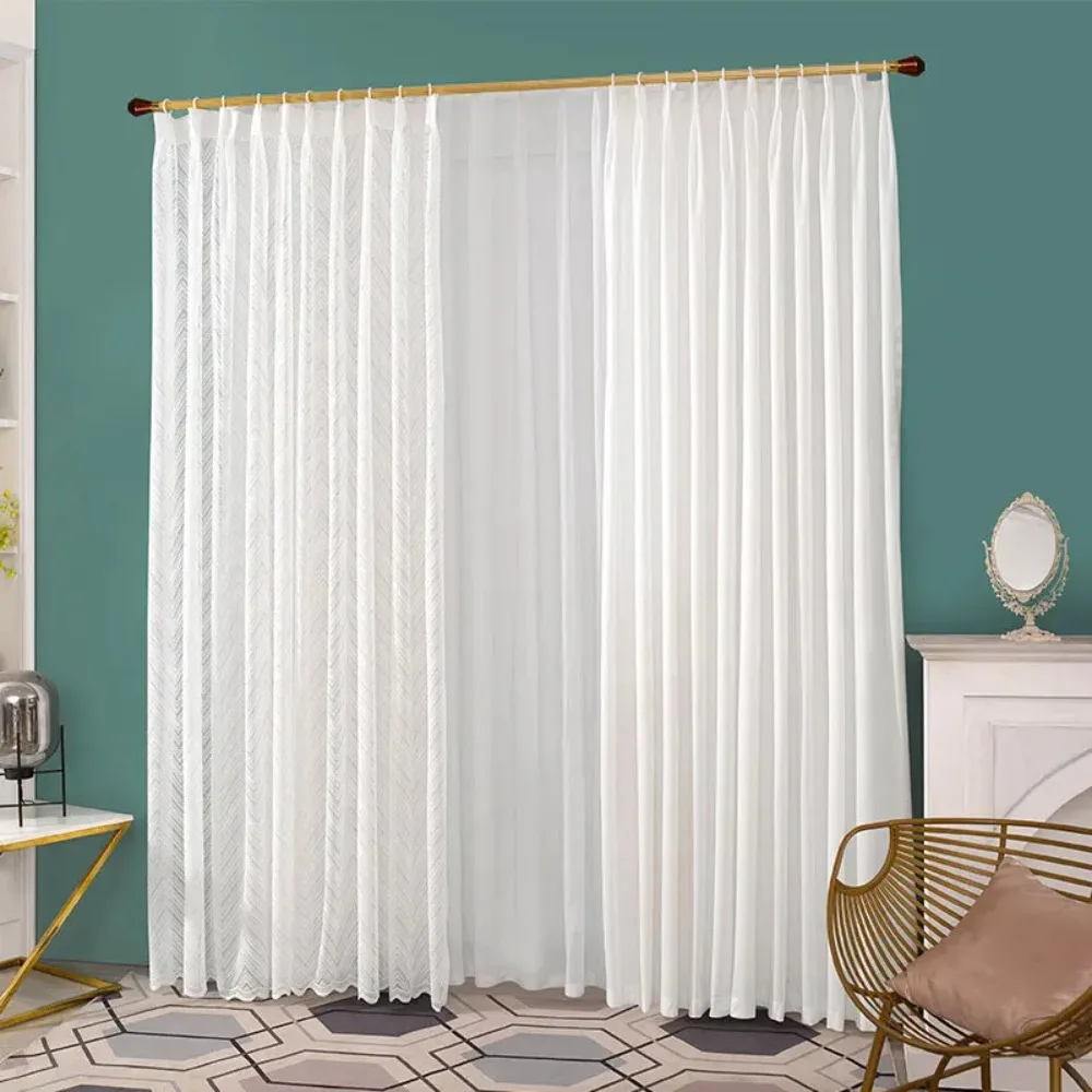 Nordic Striped Tulle Curtains for Living Room, White Lace, Semi-Shading Voile, Window Curtain for Bedroom, Sheer Blind Drape