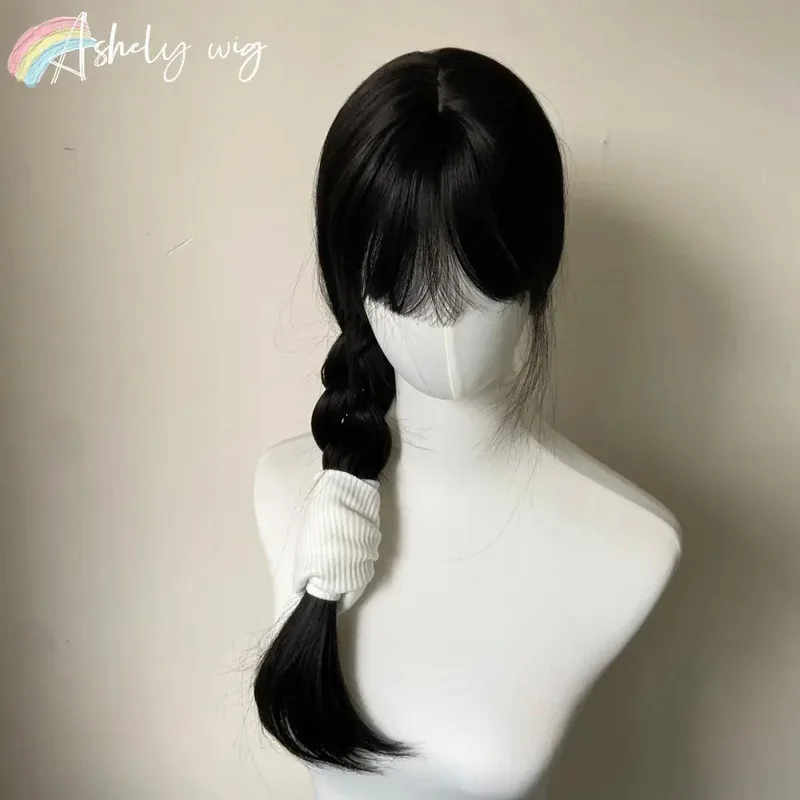 Черный парик с челкой Длинные прямые синтетические парики для женщин 24 дюйма Лолита Симпатичные натуральные высокотемпературные волокна для ежедневного использования