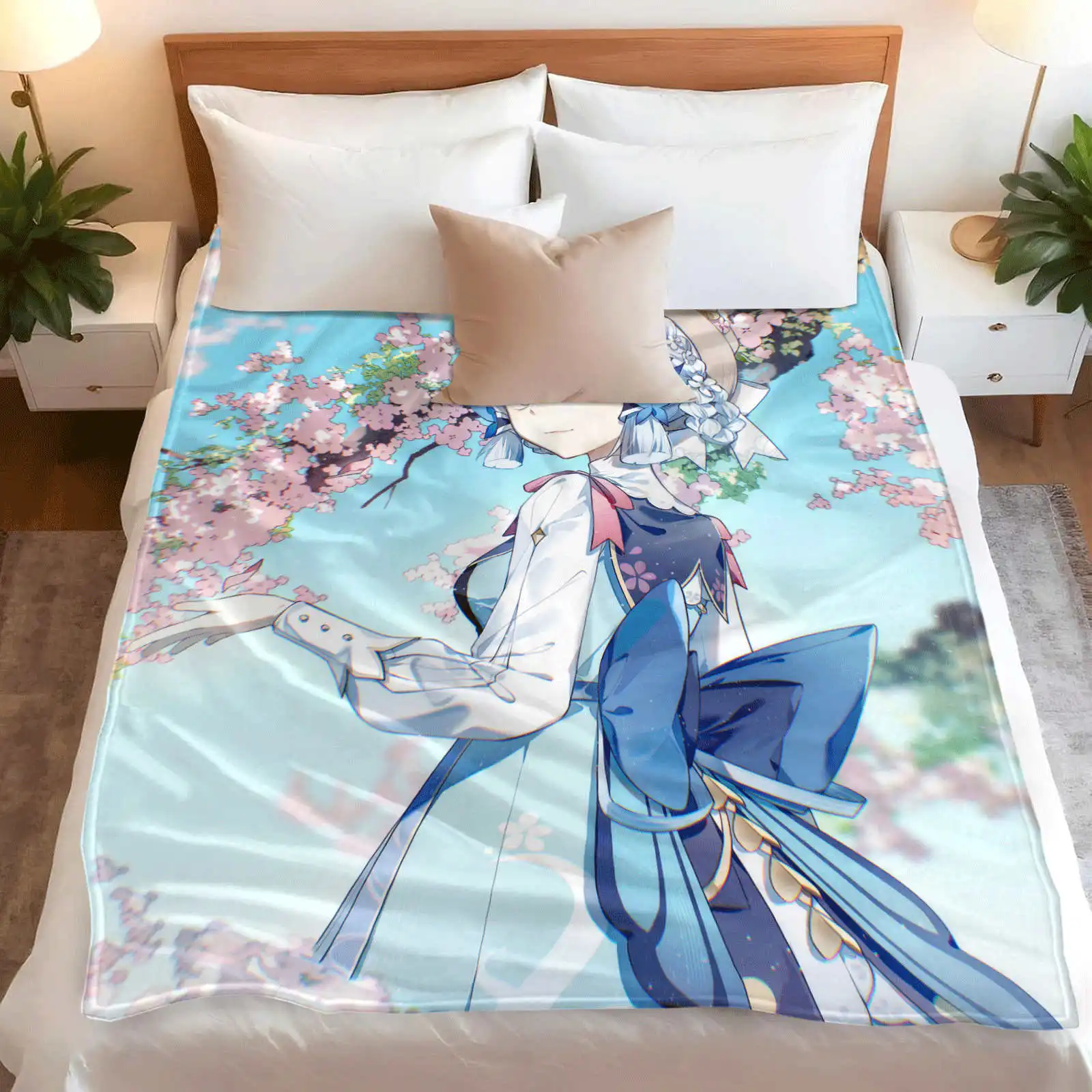Genshin Impact Kamisato Ayaka Flannel Blanket Soft Tear Christma Throw Blanket