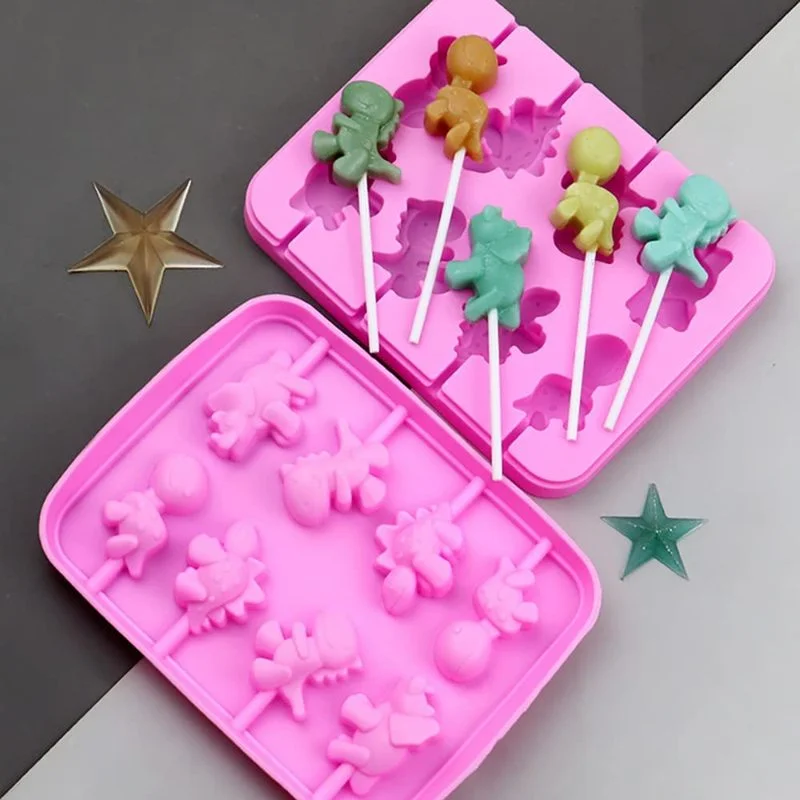 Lollipop Mold DIY Chocolate Hard Candy Cartoon Animal Silicone Mold Dinosaur Pig Elephant Bear with Candy Bag Lollipop Stick