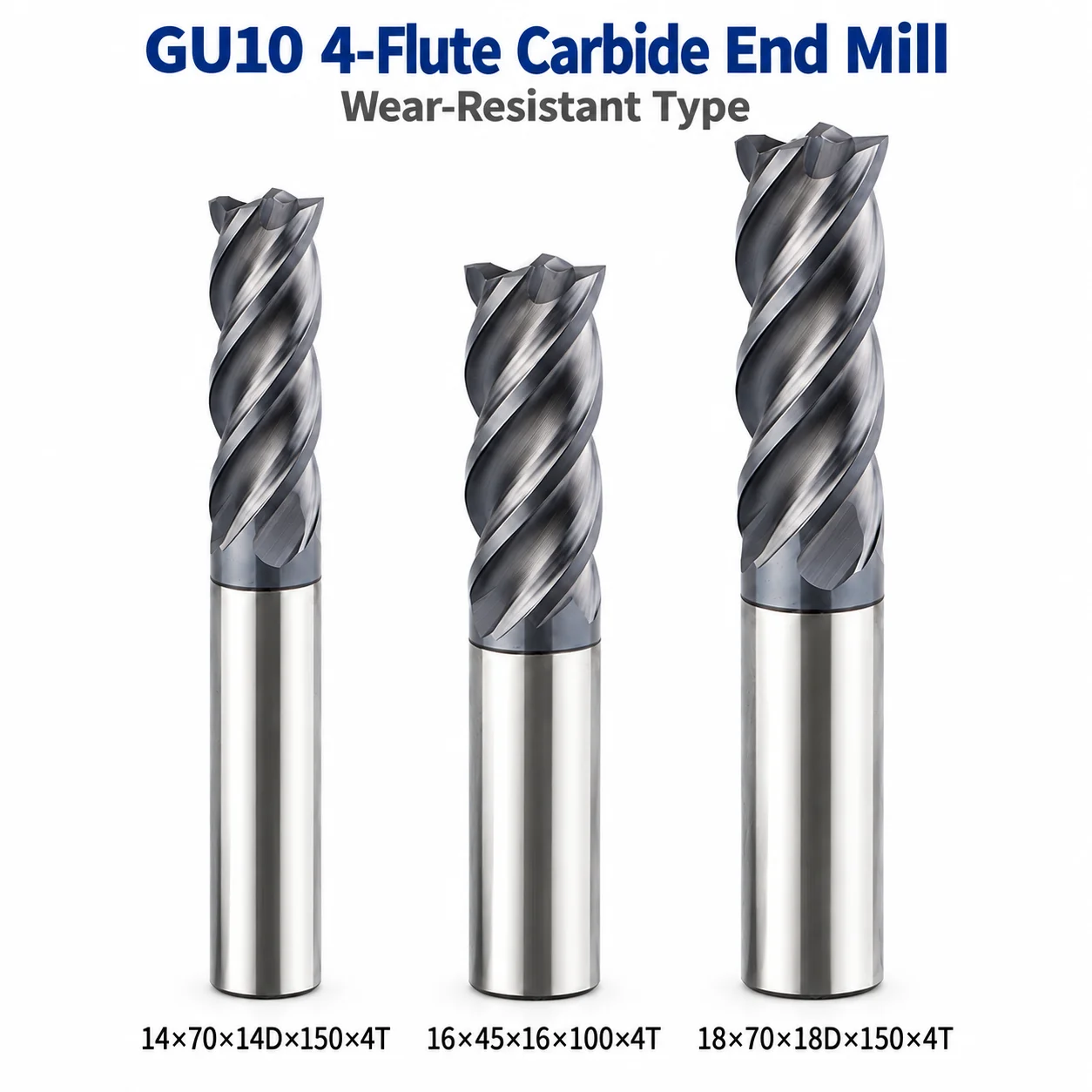 GU10 8-20mm 70 Degree 4 Flute Solid Carbide End Mill Long Reach Flat Bottom CNC Milling Cutter Wear Resistant Tool