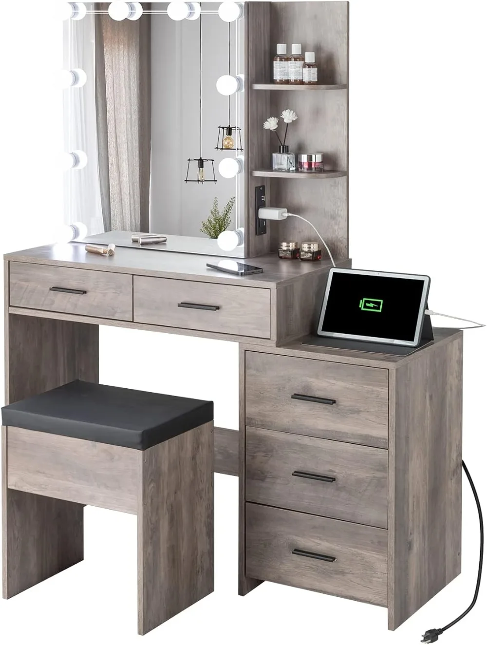 Vanity Set Dressing Table with Mirror, Light Bulbs, Stool 5 Pumps, Dressing Makeup Table with Stool