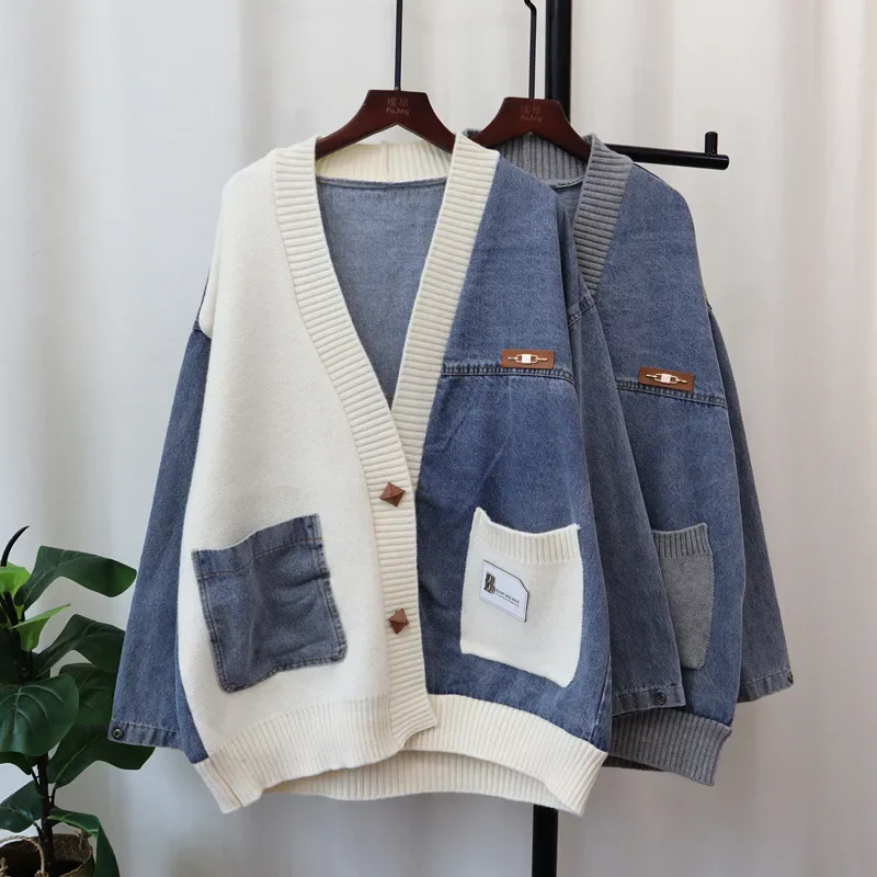 Cardigan Women Sweater Coat Knitting Denim Patchwork Single Breasted Pockets Casual Knitted Jacket 2024 Autumn Winter Knitwear