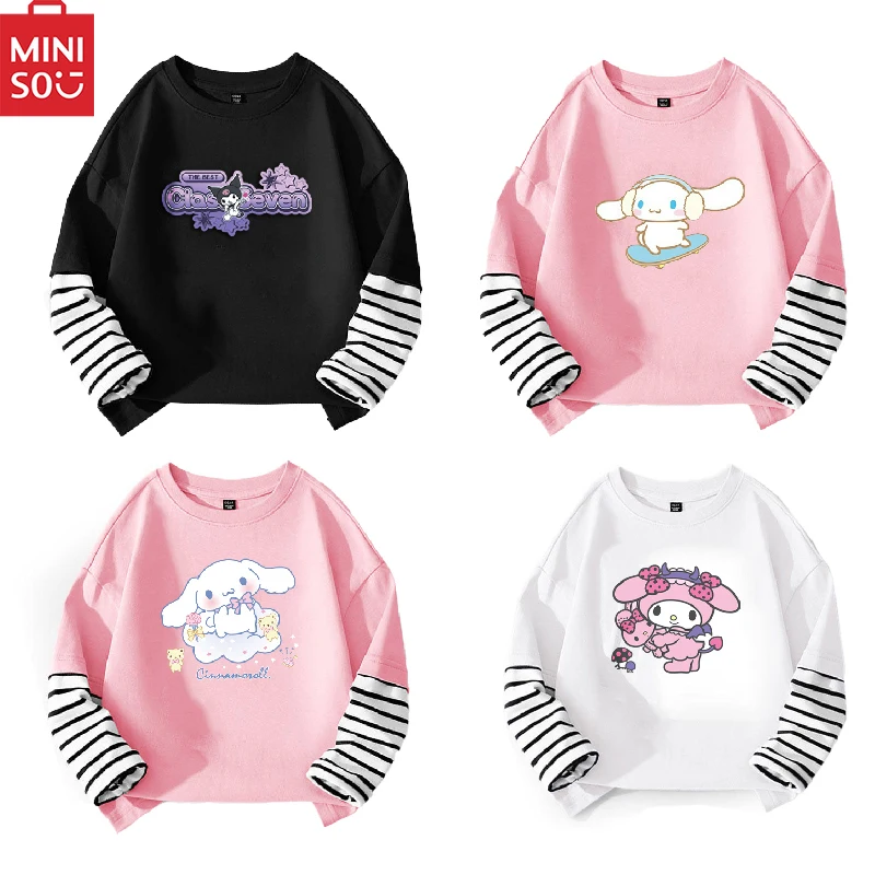 

New Sanrio Hello Kitty Cinnamoroll Kids Bottom Shirt Cartoon My Melody Kuromi Children Cotton Splicing Long-sleeved T-shirt Tops