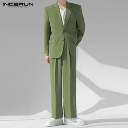 INCERUN Men Sets Solid Color Streetwear Laple Long Sleeve Button Blazer & Pants 2PCS 2024 Korean Fashion Men Casual Suits S-5XL