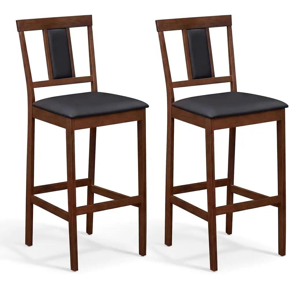 Mid-Century Modern 29.5 Bar Height Island Stool Set of 2, Solid Rubberwood Frame, PU Leather Seat, Walnut Finish