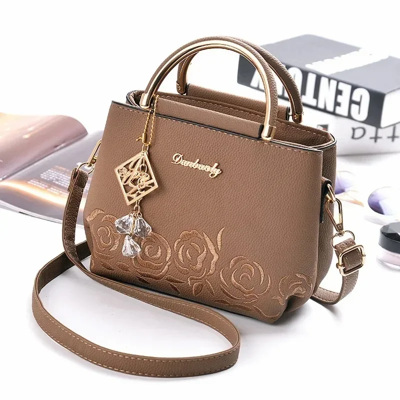 Women Embroidery Flower PU Leather Handbag Elegant Metal Top Handle Shoulder Bag Removable Strap Ladies Daily Crossbody Purse