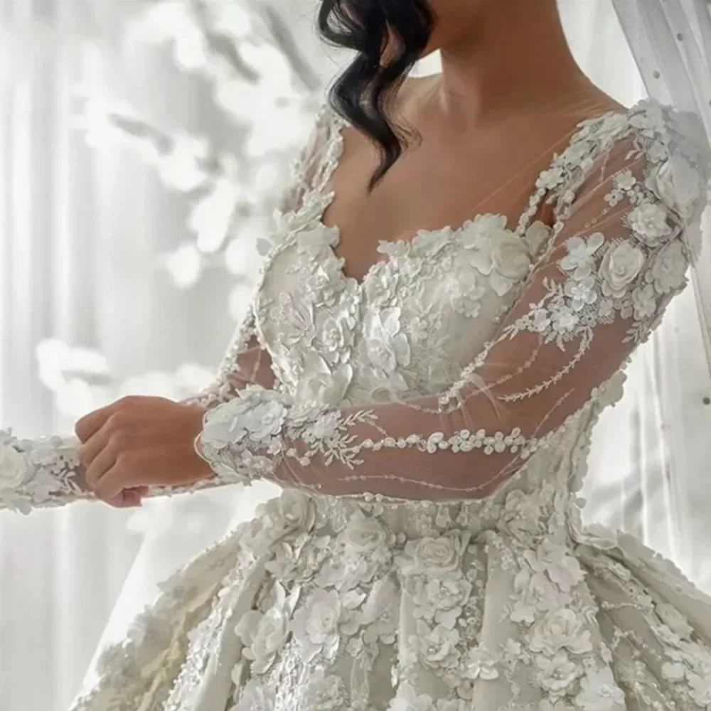 Flavinke Customzied 빈티지 전체 레이스 웨딩 드레스 2025 아랍어 3D 꽃 환상 긴 소매 신부 가운 V 넥 Vestidos