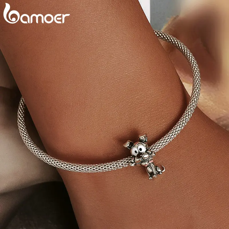 Bamoer Genuine 925 Sterling Silver Cute Dog Charms for Silver Bracelet or Bangle Metal Beads DIY Fashion Jewelry Dog Lover Gift