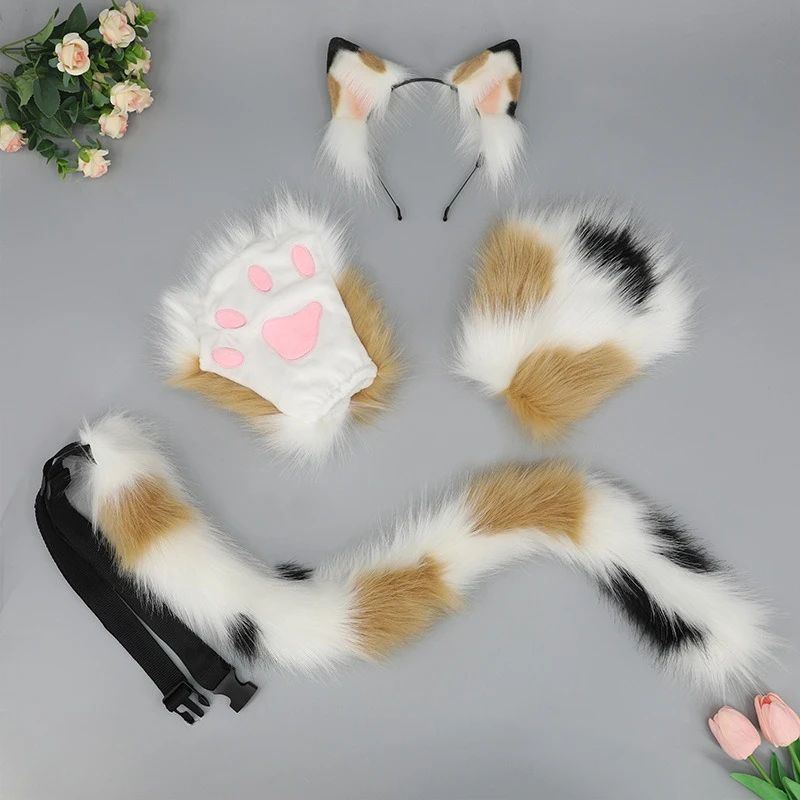 New Hand Made Cat Ears Cosplay Costume Set Plush Cat Tail Ear Paws Gloves Kit for Anime Accessories Headwear Neko Fantasy Set