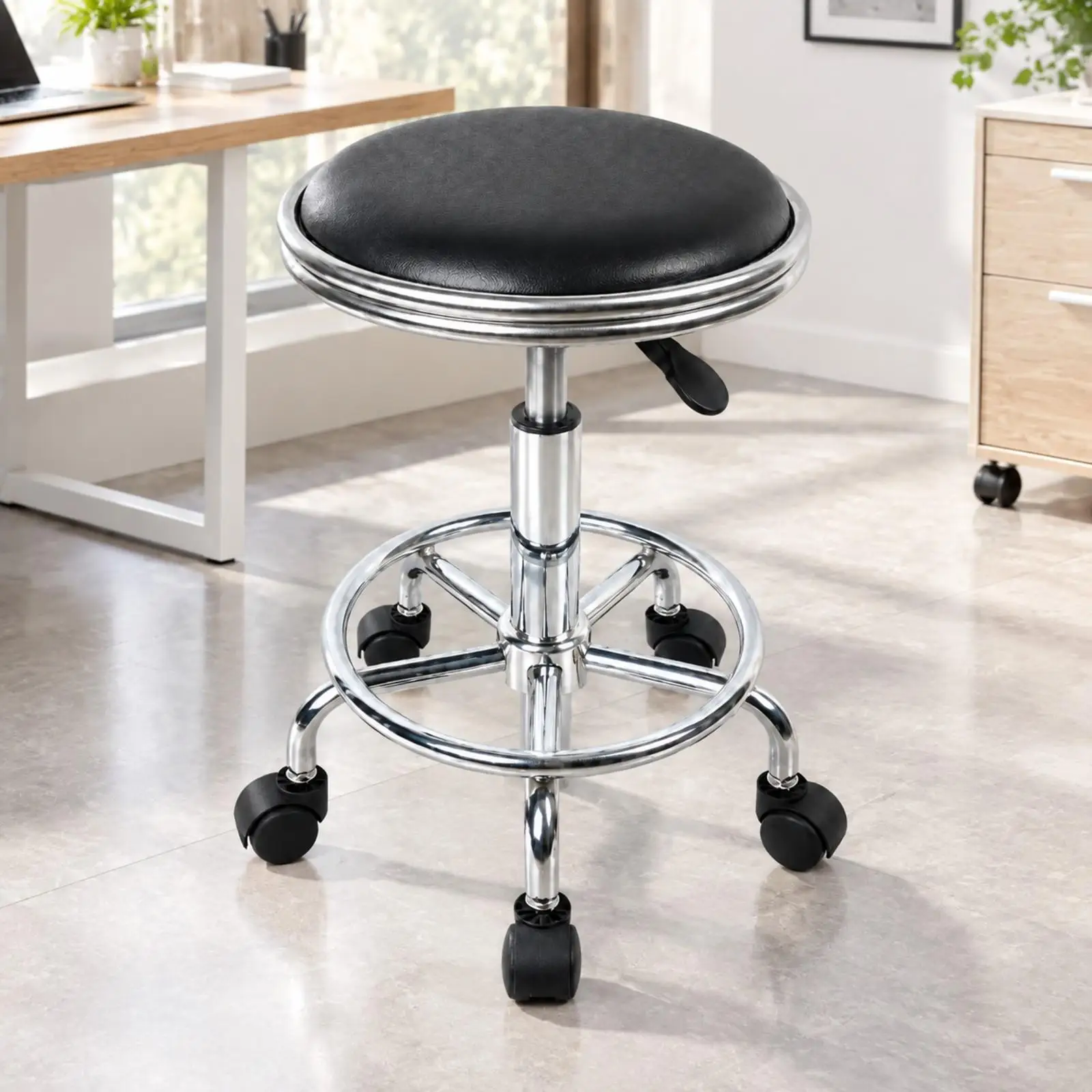 Rolling Swivel Seat Anti Static Metal Frame PU Leather Padded Stool Height Adjustable 360 Rotation for Workshop Kitchen