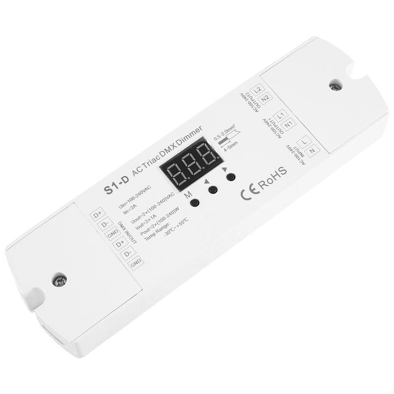 Dual Channel Saída Silicone DMX512 LED Controller, Display Digital, S1-D Branco, 288W, 2CH Triac, DMX, Dimmer