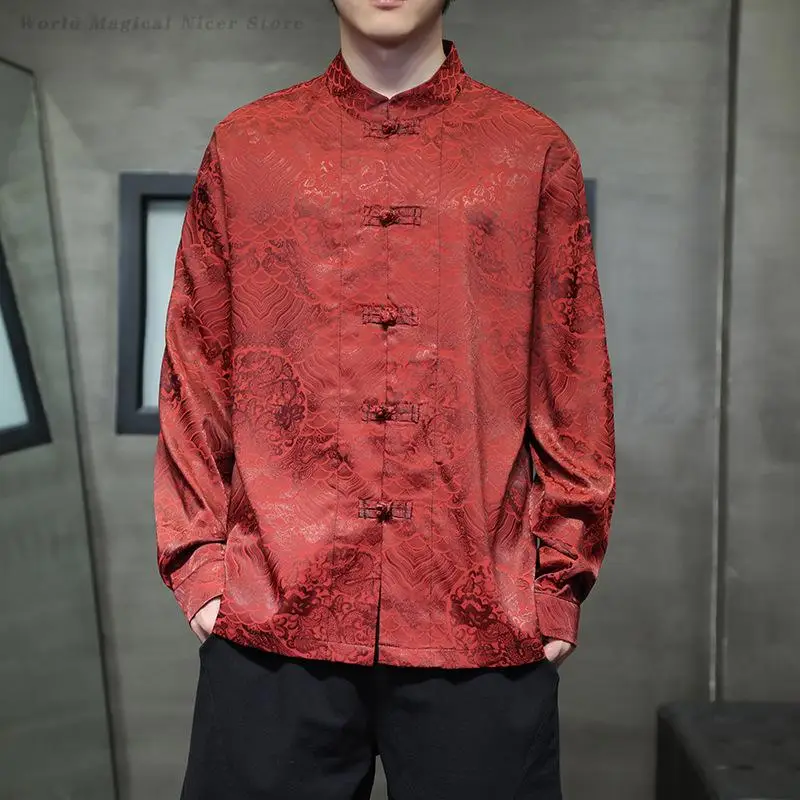 2025 جديد الرجال النمط الصيني خمر قميص رجالي بلايز تانغ دعوى التقليدية التنين نمط كم طويل الوقوف طوق قمصان سوداء