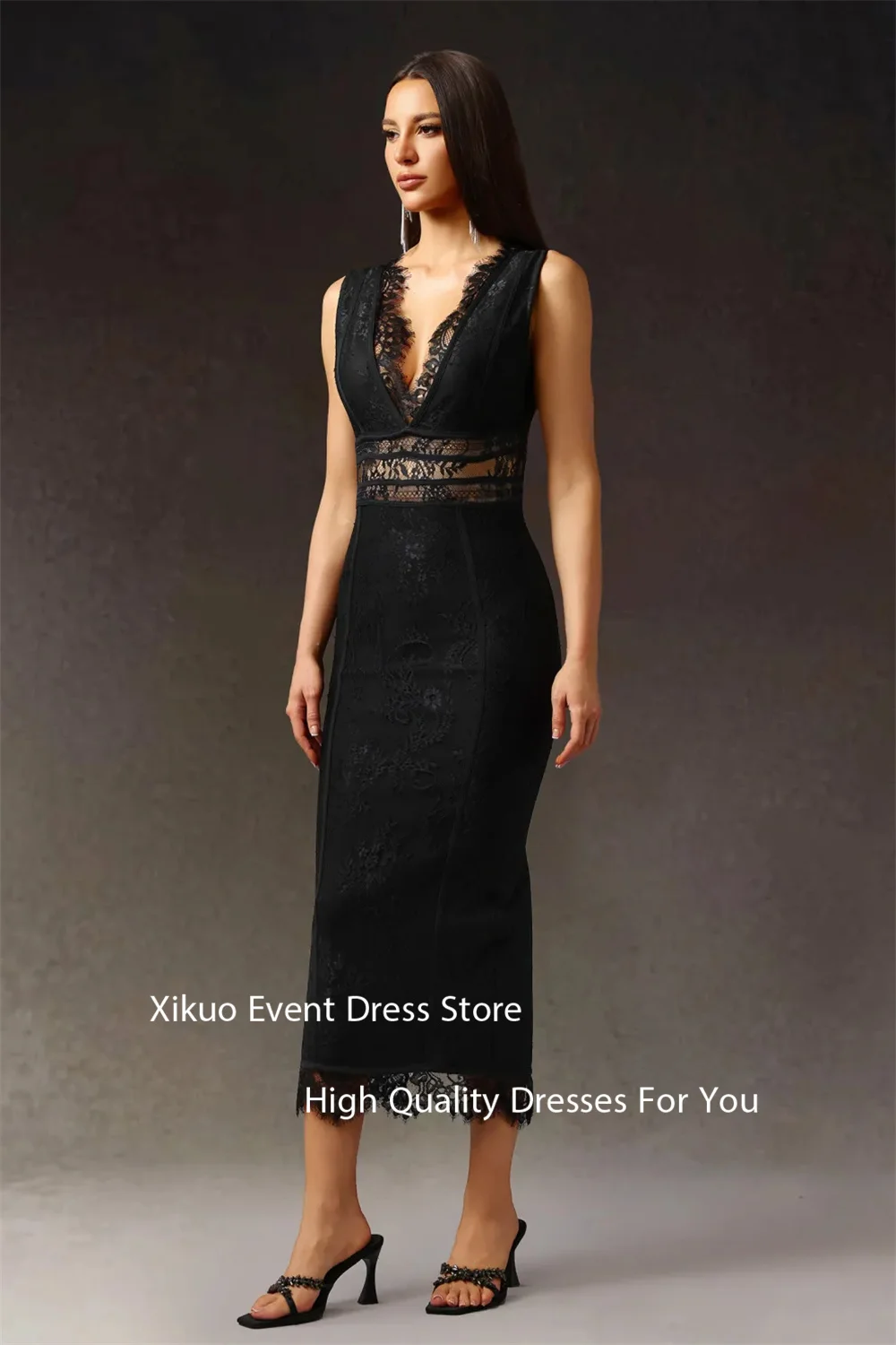 Xikuo Unique V Neck Black Evening Dresses Lace Eye Catching Sleeveless Party Gowns Tea Length Appliques Abiti Da Sera Customized