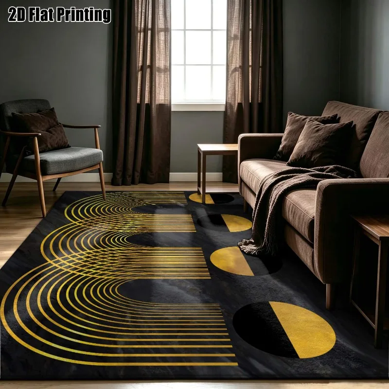 Modern Black Gold Geometric Arch Area Rug Abstract Mid Century Carpet Floor Mat for Living Room Home Contemporary Holiday Decor