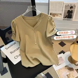 Women Summer Simplicity Loose Appear Thin CHAIN Solid Color V-neck Short Sleeve T-Shirt Ladies Casual All-match Large Size Tops