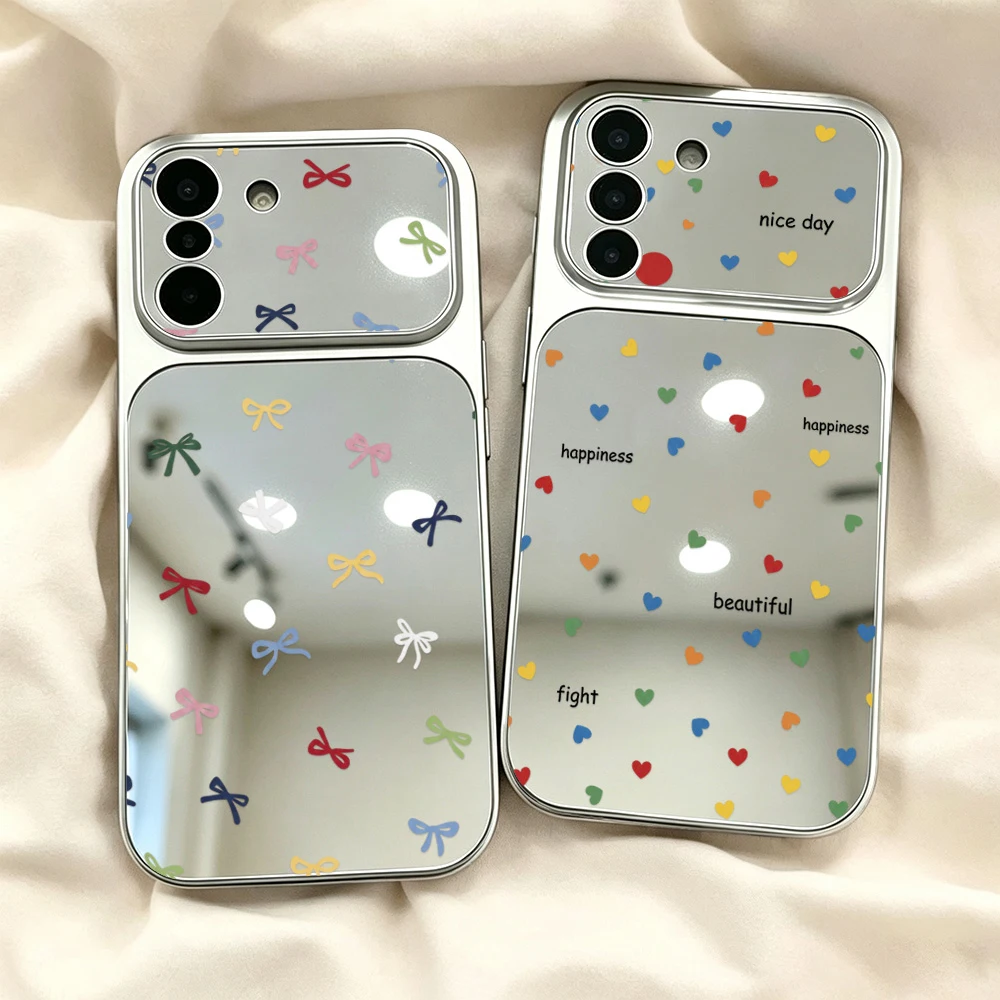 Cute Heart Bow Phone Case For Samsung A16 A57 A56 5g S26 S25 S24 S23 Ultra FE A37 A07 A17 A55 A54 A26 Large Window Mirror Cover