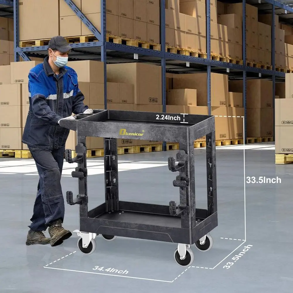 عربة أدوات بلاستيكية متينة بطبقتين بسعة 850 رطلاً، 34 × 17، عجلات دوارة قابلة للقفل للاستخدام في المستودعات والمرآب والاستخدام في الحديقة #2