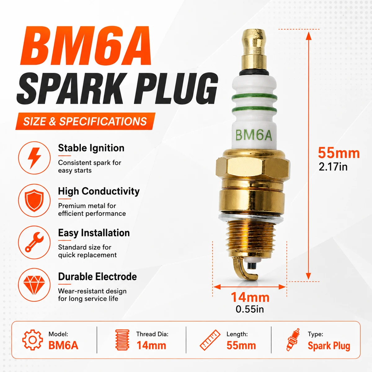 Yitong BM6A Small Engine Spark Plug Replacement Durable Electrode Ignition Plug for Tractor Chainsaw Brush Cutter Tiller Lawn Mo