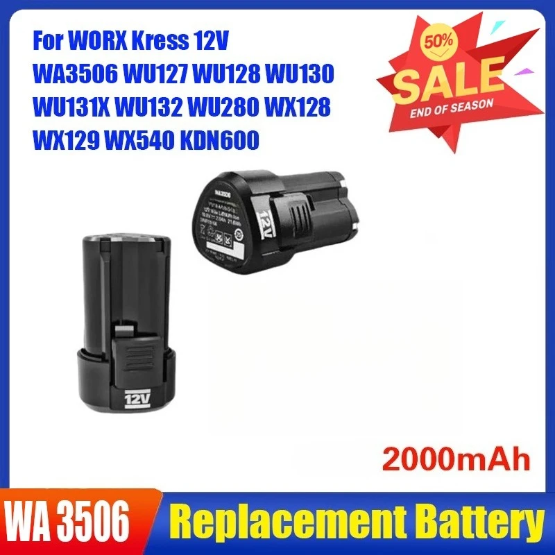 

2000mAh for WORX Kress 12V WA3506 WU127 WU128 WU130 WU131X WU132 WU280 WX128 WX129 WX540 KDN600 Electric Tool Battery