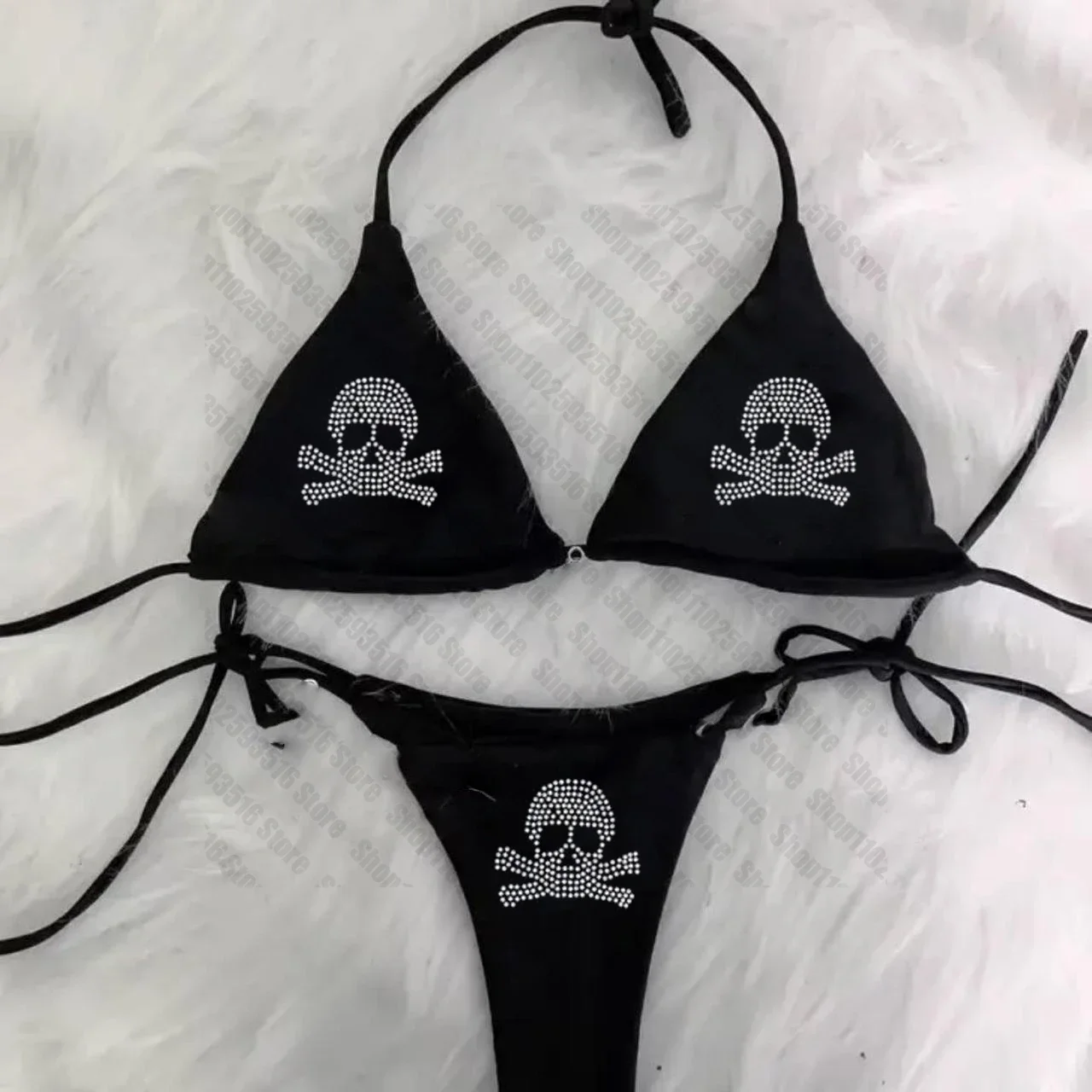 

Bikini set Rhinestones skull emo Swimsuit Women Sexyprint Padded Bra Thong Two Pieces Swimwear Beachwear Bathing Suit Femme