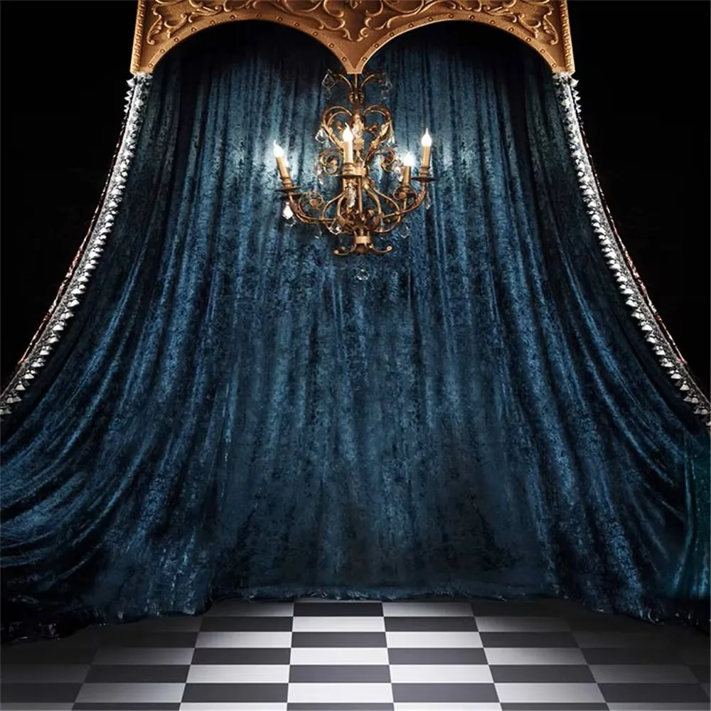 

Interior Room Vintage Wedding Photography Backgrounds Printed Chandelier Candles Blue Curtain Photo Booth Backdrop for Studio