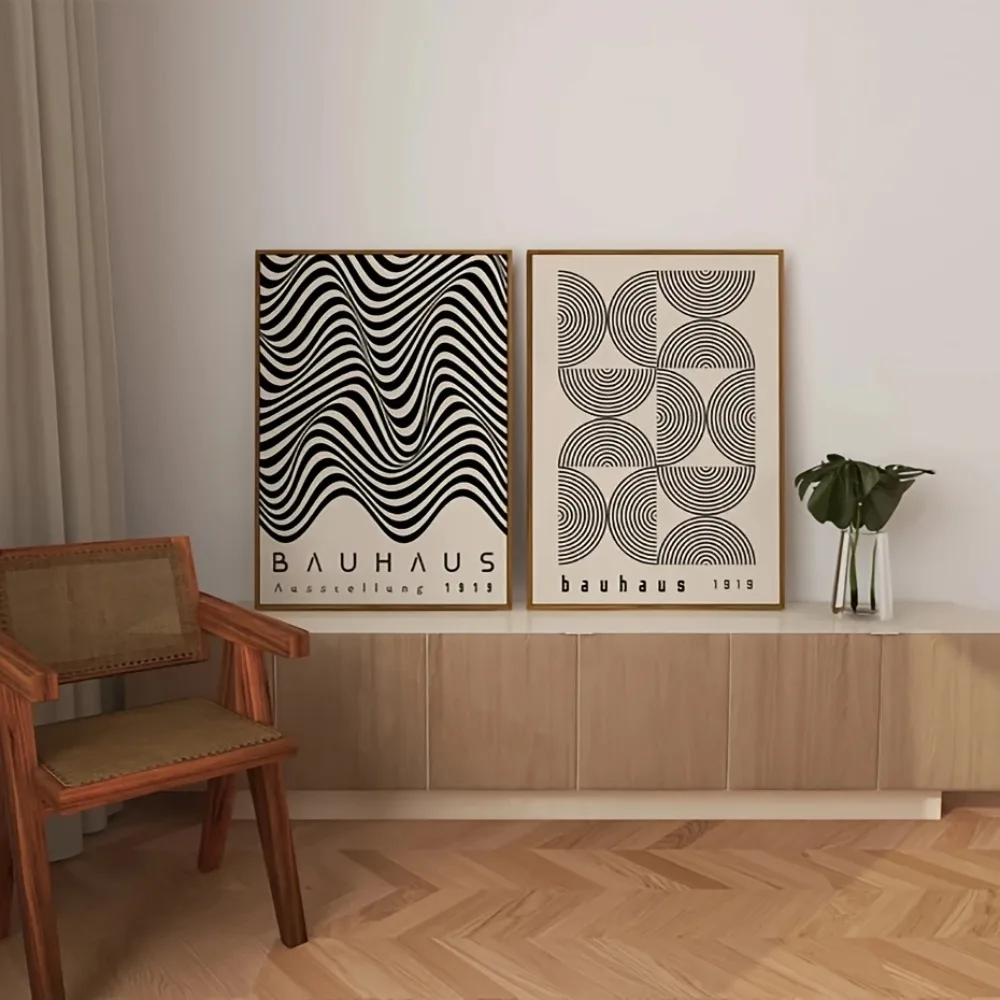 Two Retro Bauhaus Style  Black and White Canvas Paintings for Modern Home Bedroom Living Room Art Decoration Wall Frameless