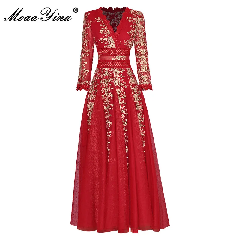 MoaaYina Fashion Designer Summer Women's V-neck See-through Nine-point Sleeve Flower Embroidery High Quality Dress