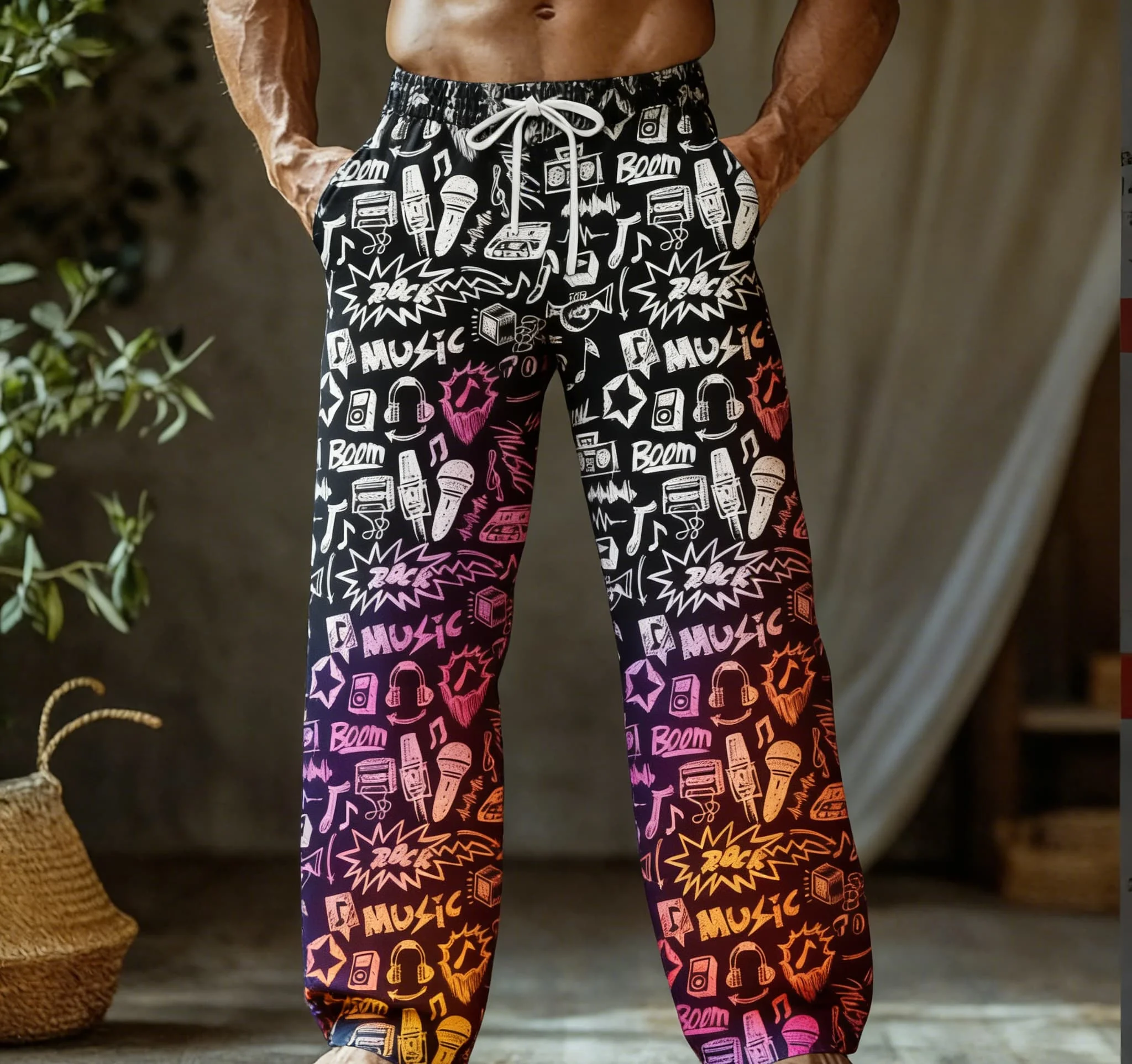 

Men's Summer Thin Casual Wide-Leg Trousers with Retro Gradient Music Symbol Print