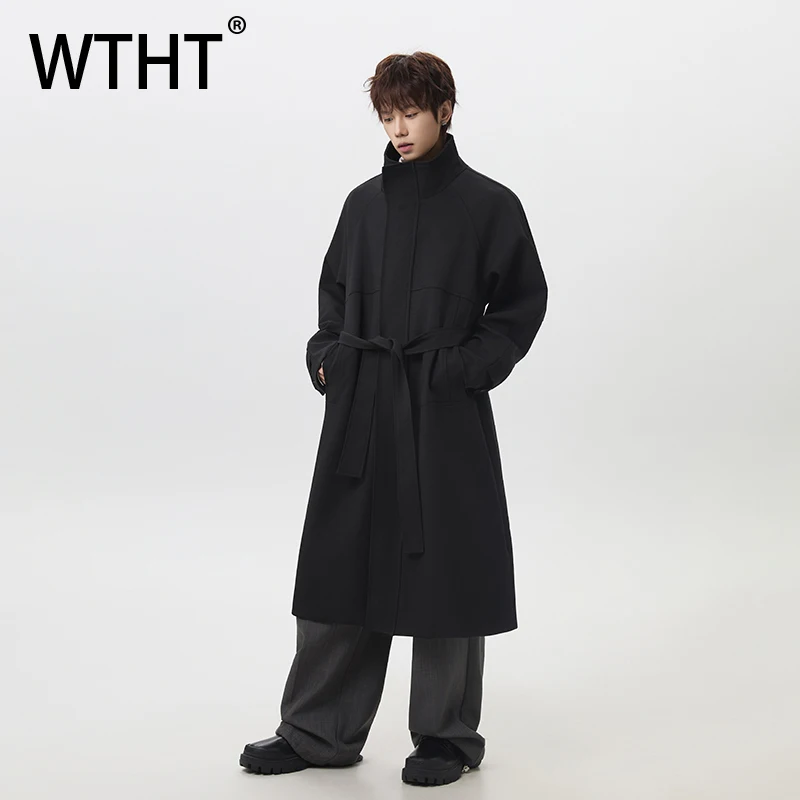 

WTHT Trendy Men's Spliced Belt Loose Long Windbreakers Fashion 2026 Spring Korean-style Stand Collar Overcoats Male 2A2737