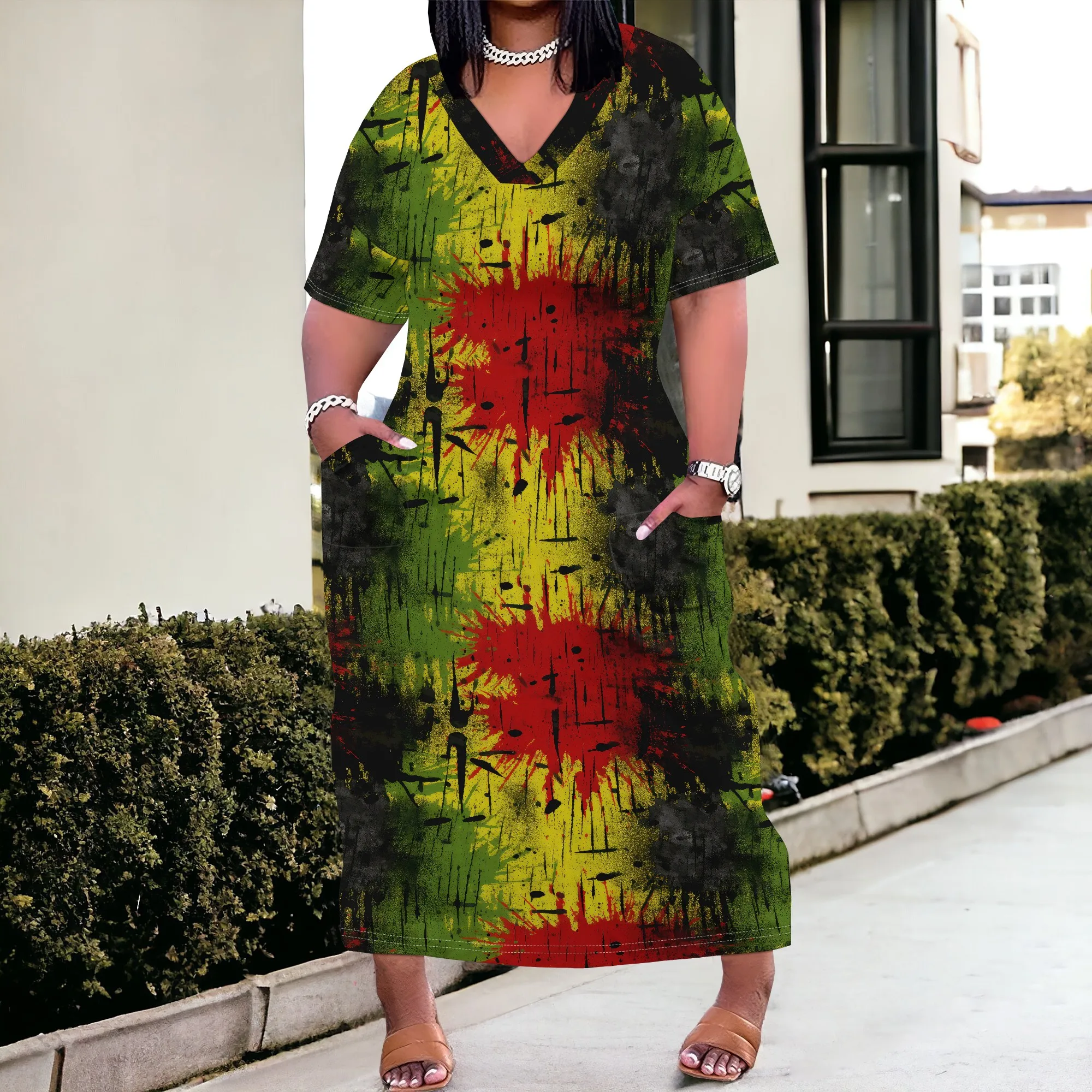 

Reggae Roots Plus Size Maxi Dress XL-6XL – Red Yellow Green Print for Afro Music Festival or Streetwear 2025