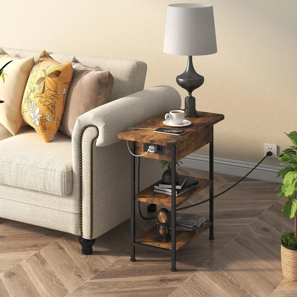 End Table with Charging Station, Flip Top Side Table with USB Ports and Outlets, Nightstand for Small Spaces