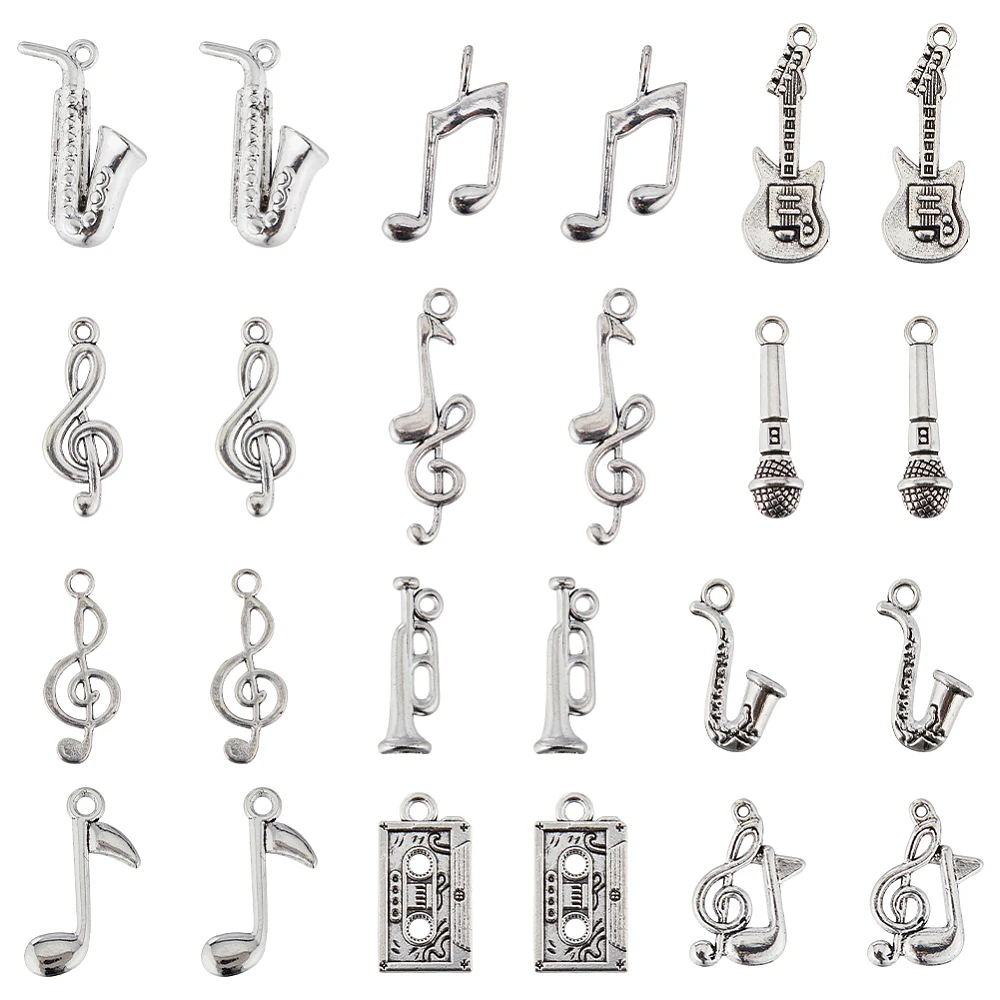 1 Box 72Pcs Silver Music Note Charms Musical Instrument Charm Vintage Mini Microphone Recorder Symbol Charm for Jewellery Making