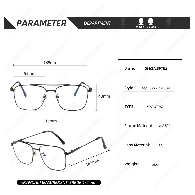 SHONEMES Double Bridge Plain Glasses Metal Frame Classic Square Eyeglasses Gold Black Silver for Men Women